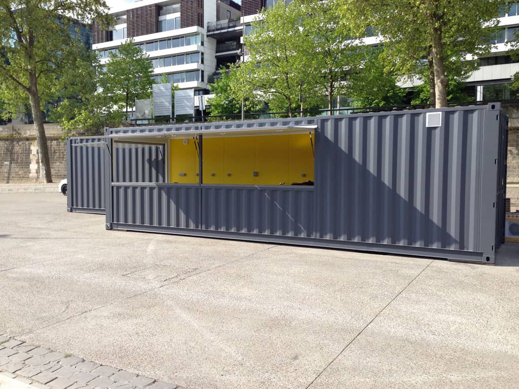 Container cafétéria gris 40 pieds avec ouverture latérale et comptoir