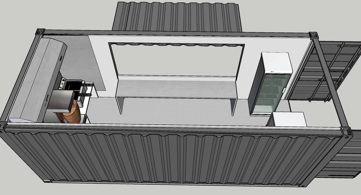 Plan 3D d'aménagement container 20 pieds snack avec disposition cuisine et comptoir