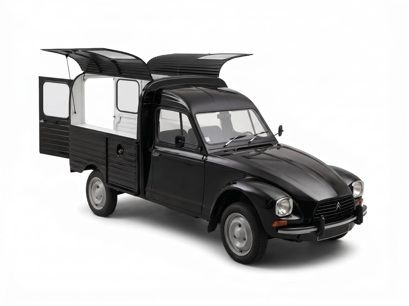 Citroën Acadiane noire, portes latérales et toit relevés, préparée pour un aménagement food truck compact
