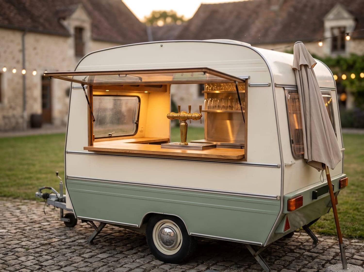 Projection d'une caravane des années 70 aménagée en bar mobile, comptoir en chêne et tireuse à bière en laiton