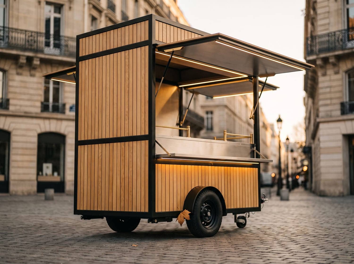 Projection d'un stand mobile modulaire en bois et acier noir, comptoir de service rabattable et auvent éclairé