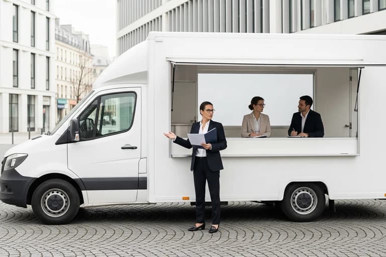 Fourgon food truck blanc aménagé en bureau mobile, avec une experte et deux clients en consultation.