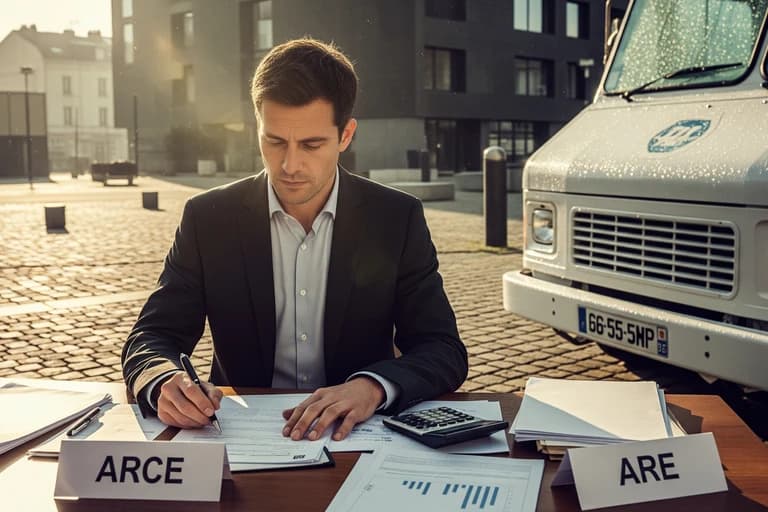 Entrepreneur finalisant des documents ARCE/ARE pour son projet food truck, avec véhicule professionnel blanc en arrière-plan.