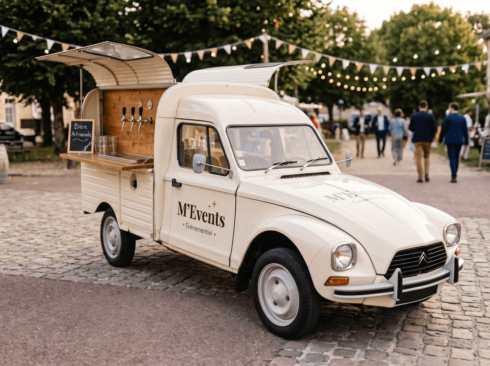 Citroën Acadiane crème aménagée en beer truck M'Events : trois tireuses à bière sur panneau bois, comptoir rabattable et toit relevé