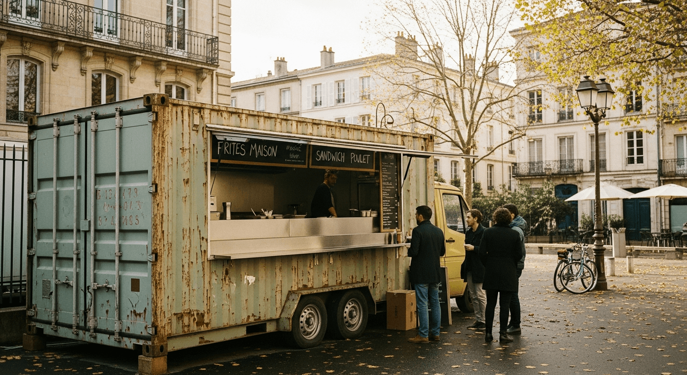 Container maritime aménagé en food truck avec devanture ouverte et clients dans une place parisienne