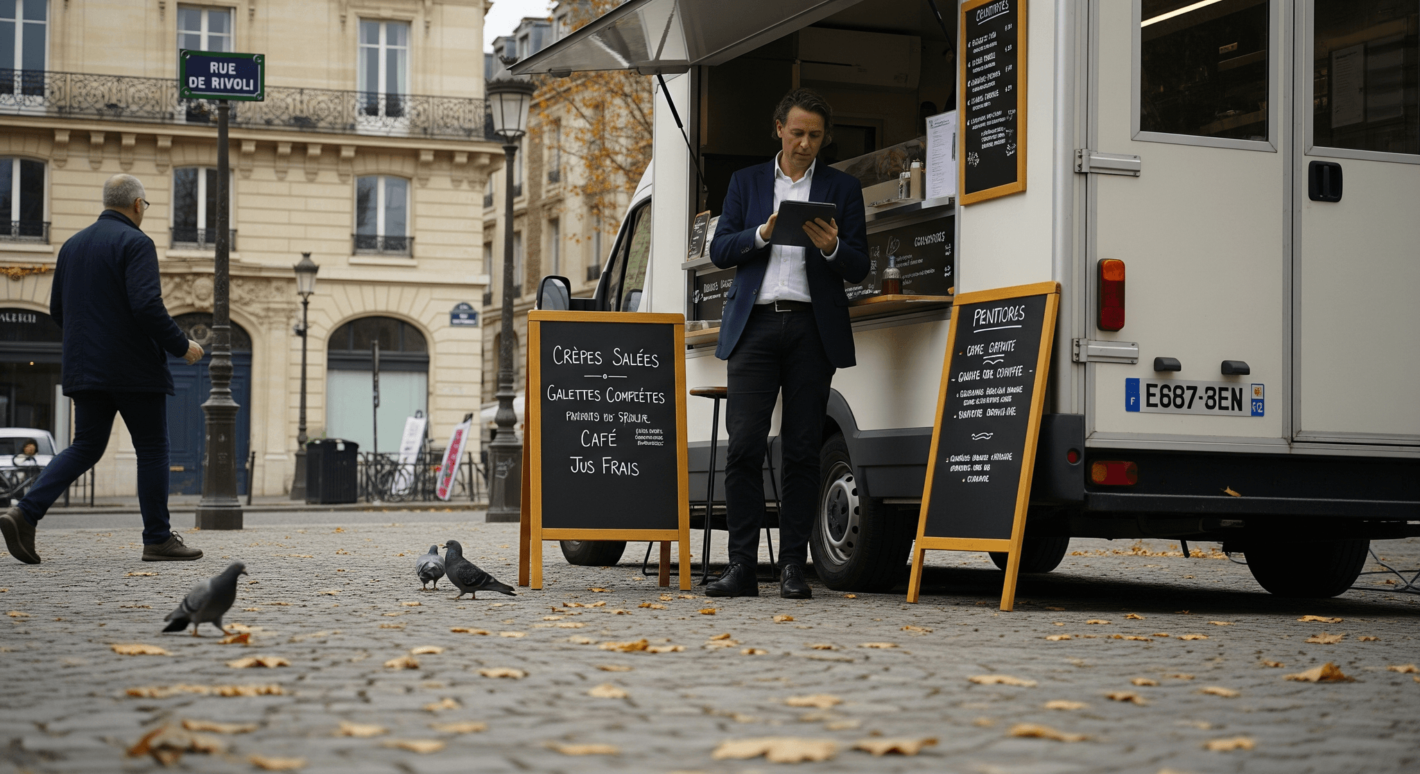 Food truck blanc aménagé pour crêpes et café, stationné rue de Rivoli, Paris. Un gérant consulte sa tablette.