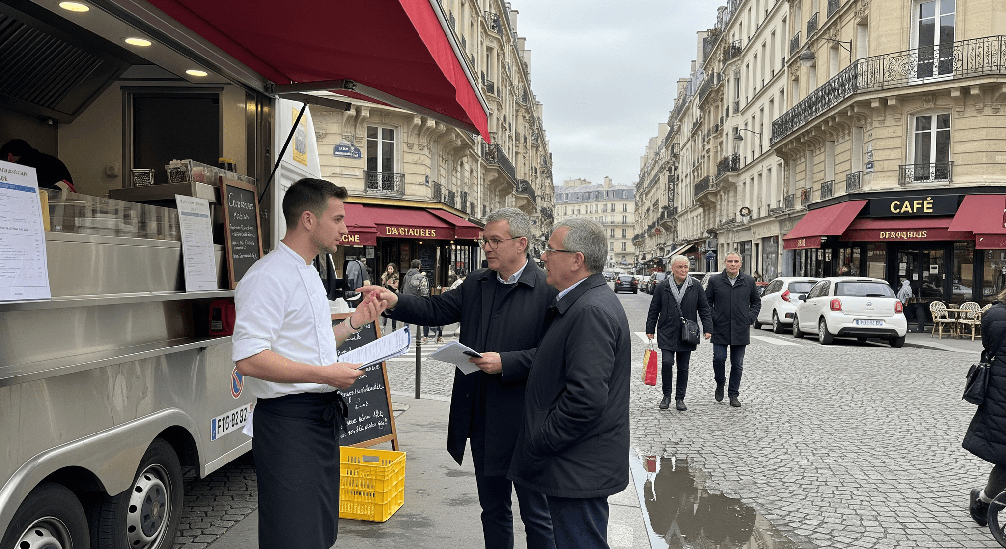 Chef présentant son food truck argenté aménagé à deux hommes, rue parisienne. Concept de restauration ambulante.