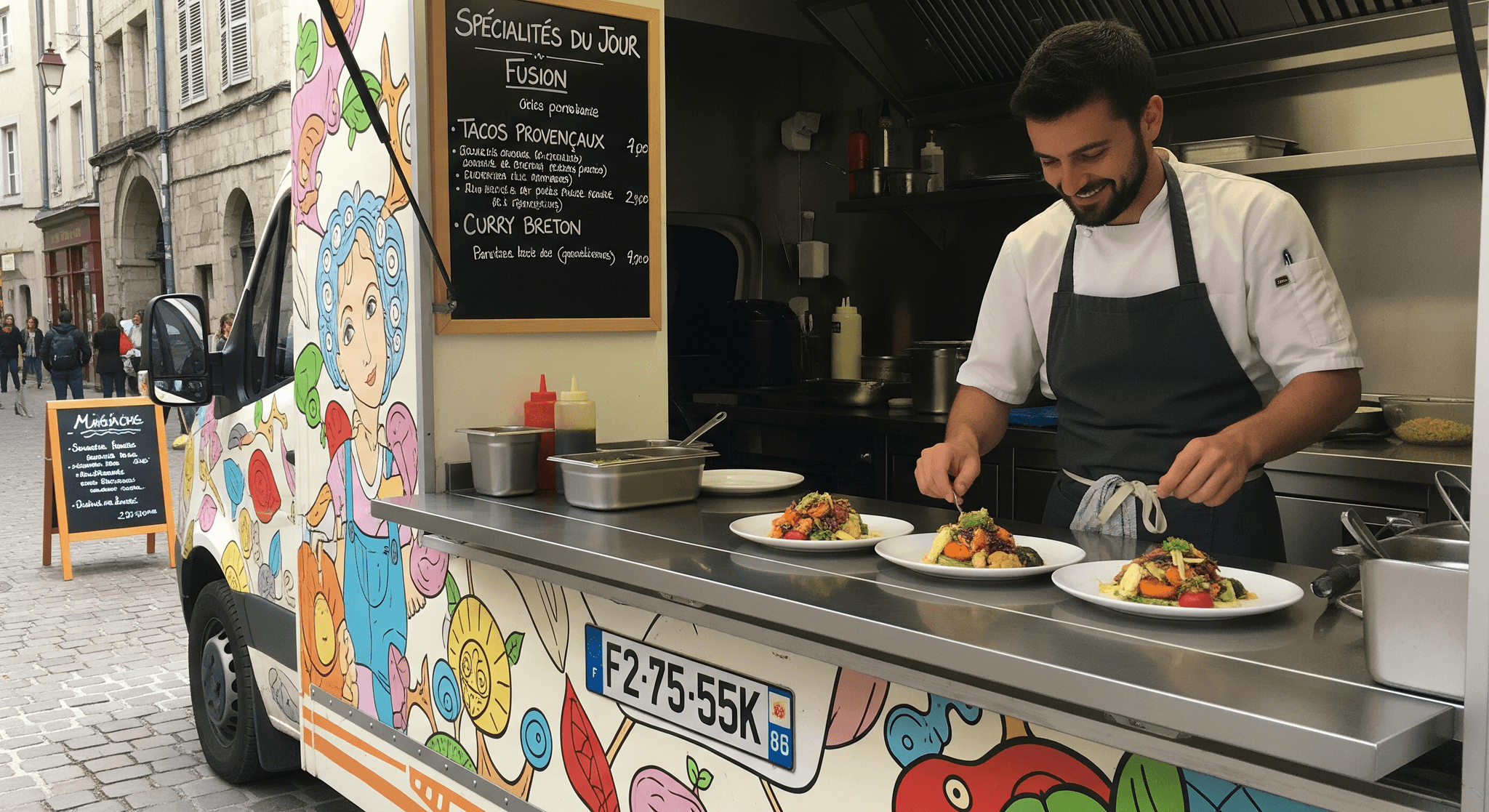 Chef cuisine fusion finalisant des plats sur le comptoir inox d'un food truck MCR au design créatif en centre-ville.