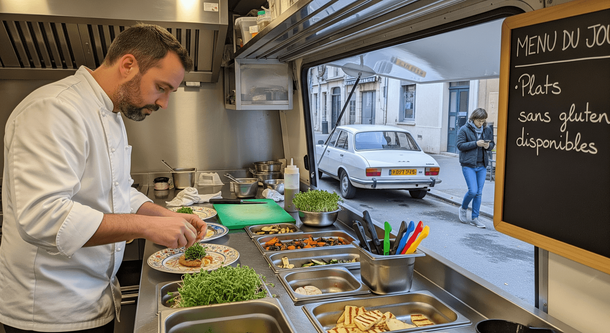 Chef prépare des plats sans gluten dans une cuisine de food truck moderne. Aménagement professionnel en inox.