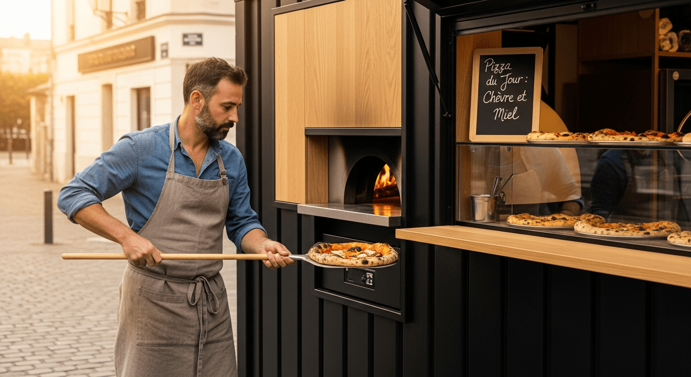 Pizzaiolo utilisant un four à bois intégré dans un container aménagé pour cuire des pizzas artisanales