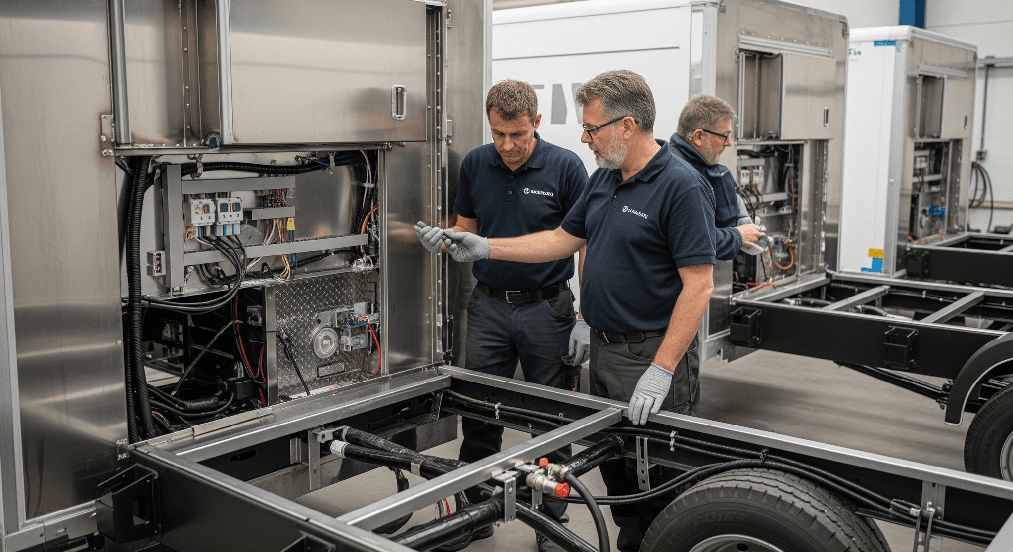 Techniciens MCR installant les systèmes électriques et techniques sur un châssis de food truck en acier inoxydable.