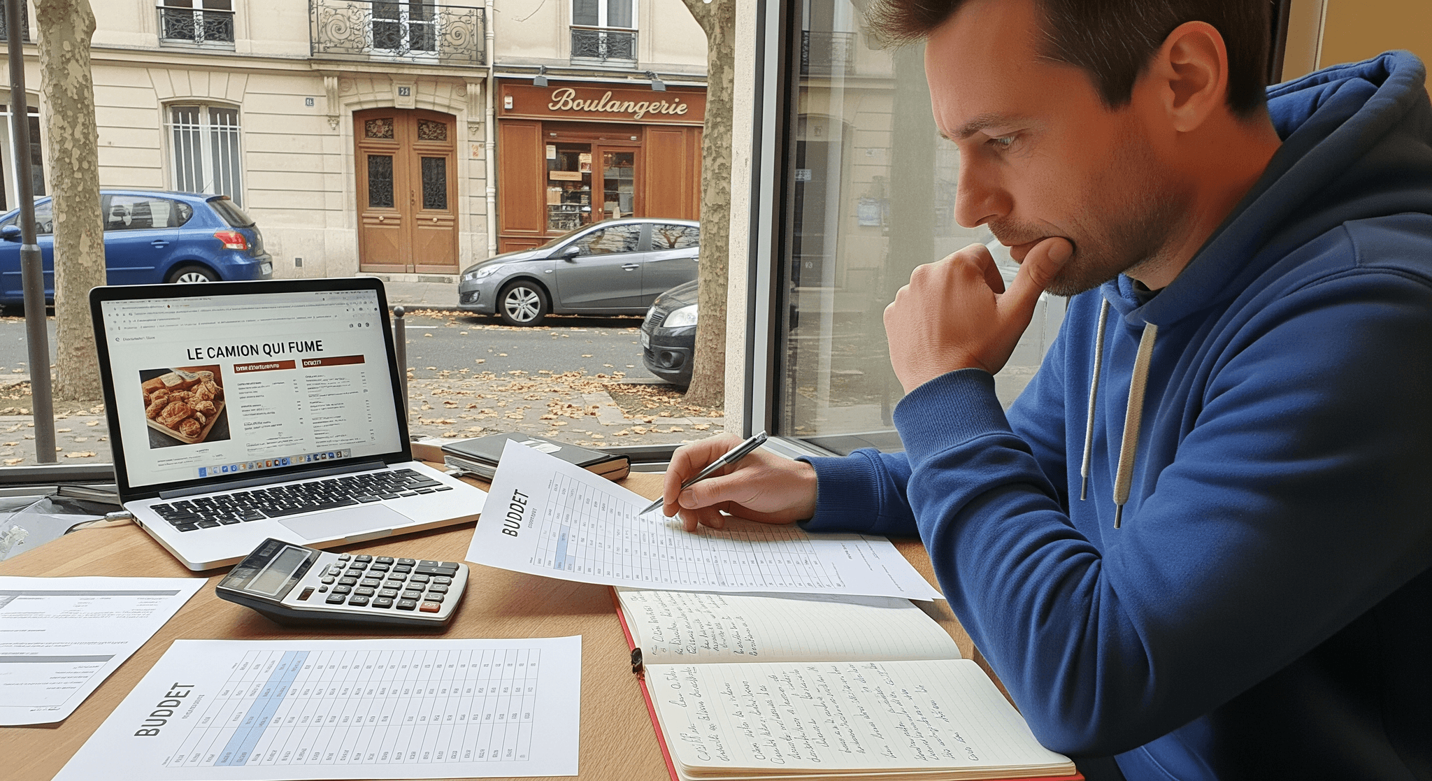 Entrepreneur réfléchissant à la stratégie de prix d'un food truck, analysant un budget sur papier et ordinateur.