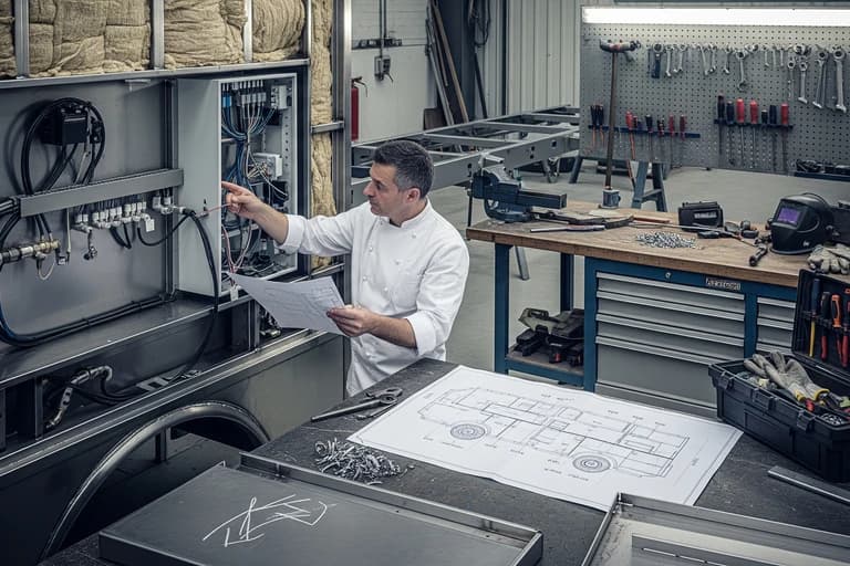 Chef inspectant l'intégration technique (électricité, plomberie) d'un food truck en construction, avec plan de fabrication.