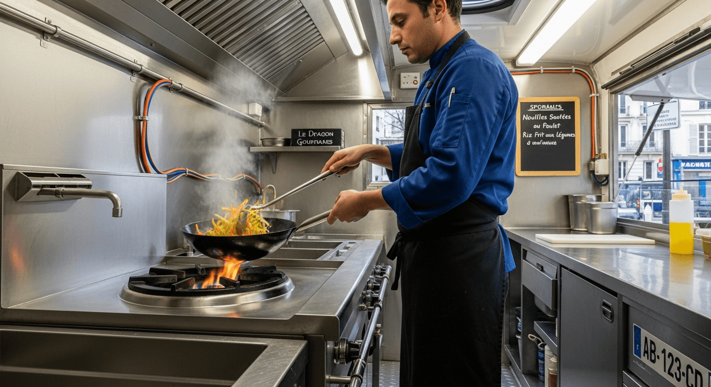 Chef cuisinant dans un wok sur flamme vive dans la cuisine équipée d'un food truck professionnel