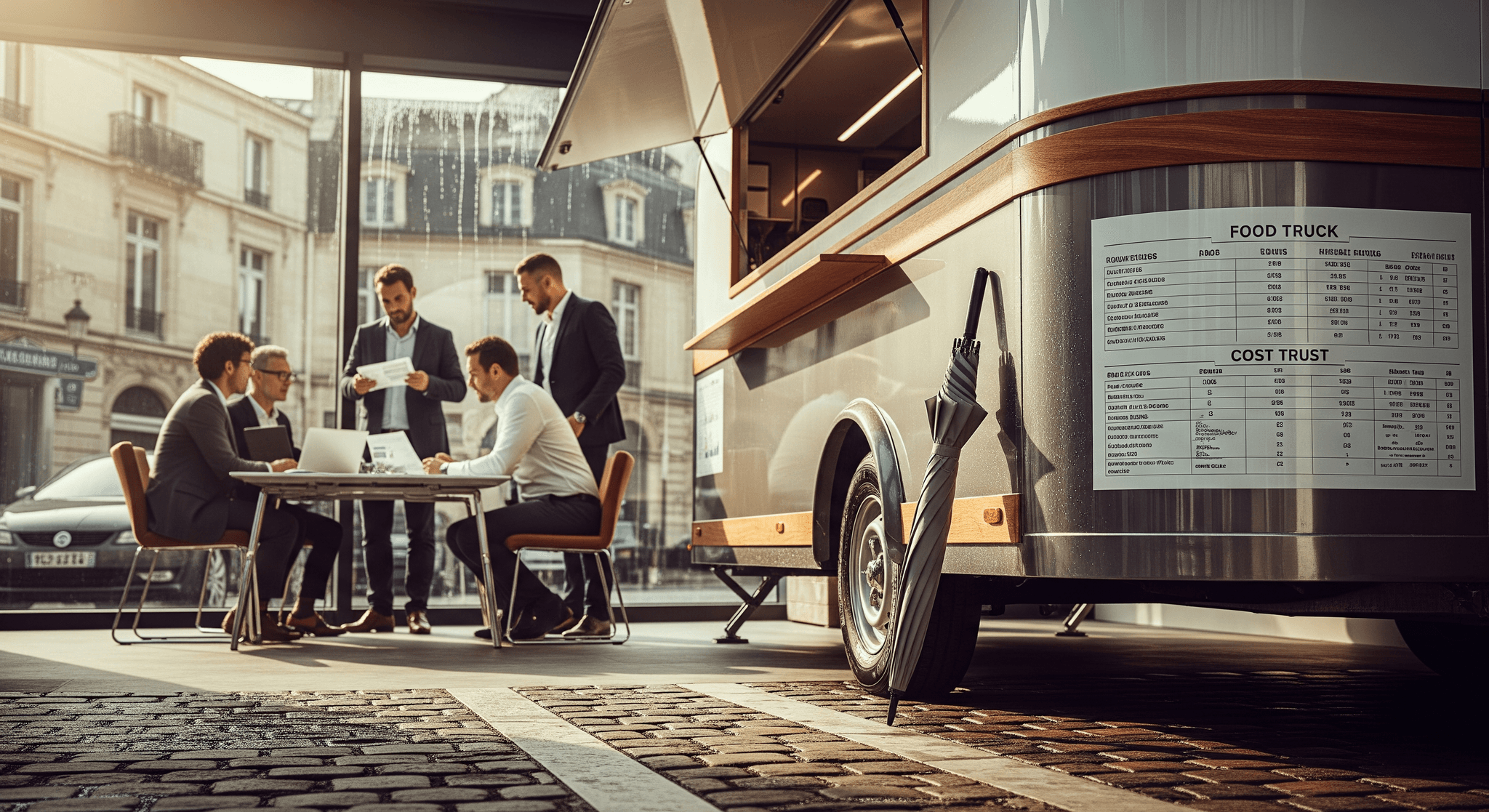 Food truck design gris et bois, hayon de service ouvert, affichage prix. Professionnels discutent projet concept mobile.