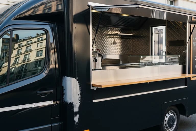 Food truck noir avec cuisine professionnelle en inox, comptoir de service en bois clair et menu ardoise.