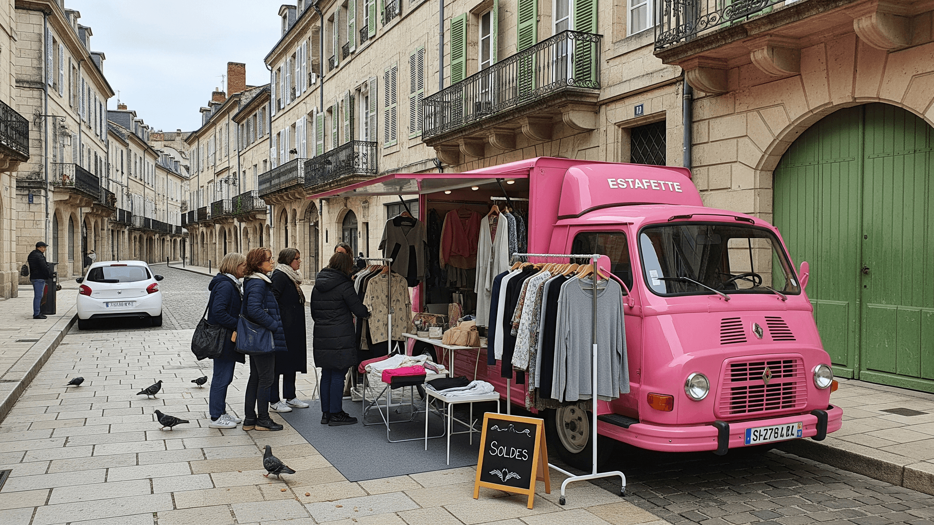Concept mobile Renault Estafette rose aménagé en boutique de mode, avec portants de vêtements extérieurs, rue historique.