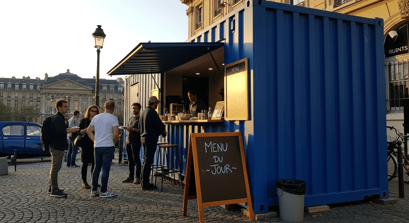 Container aménagé bleu en restaurant mobile avec comptoir ouvert sur place publique française