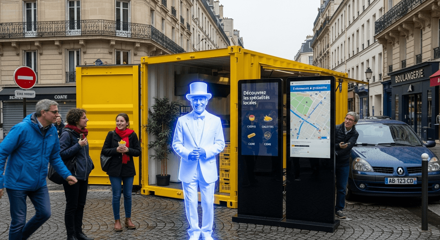 Container aménagé jaune avec hologramme interactif et écrans numériques sur place parisienne