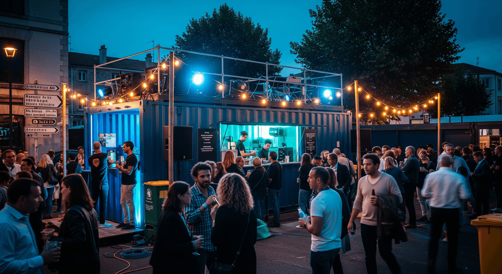 Container aménagé en bar éphémère avec scène sur le toit, animé par une foule lors d'un festival.