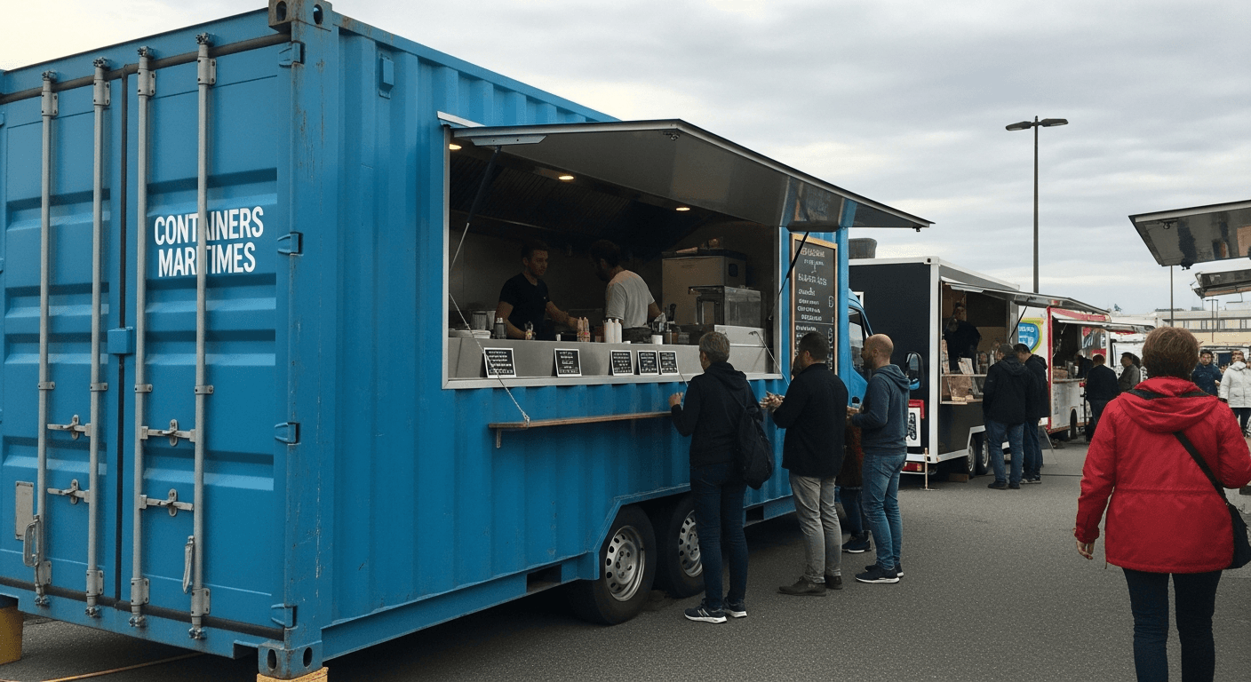 Container maritime bleu transformé en food truck avec ouverture latérale et clients faisant la queue