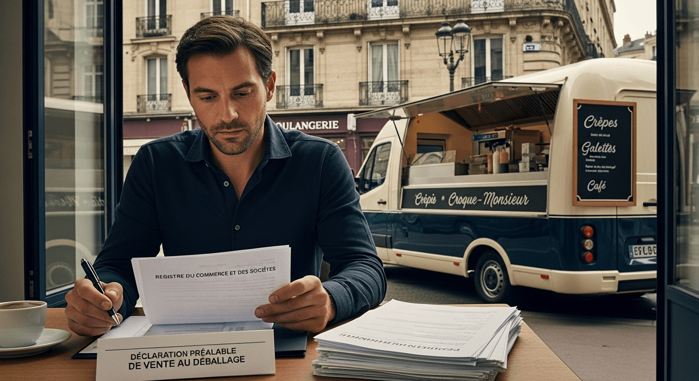 Entrepreneur consultant des documents administratifs pour créer son food truck, registre du commerce visible