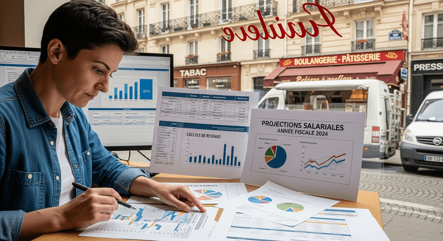 Femme analysant des projections salariales 2024 avec graphiques et tableaux financiers sur ordinateur
