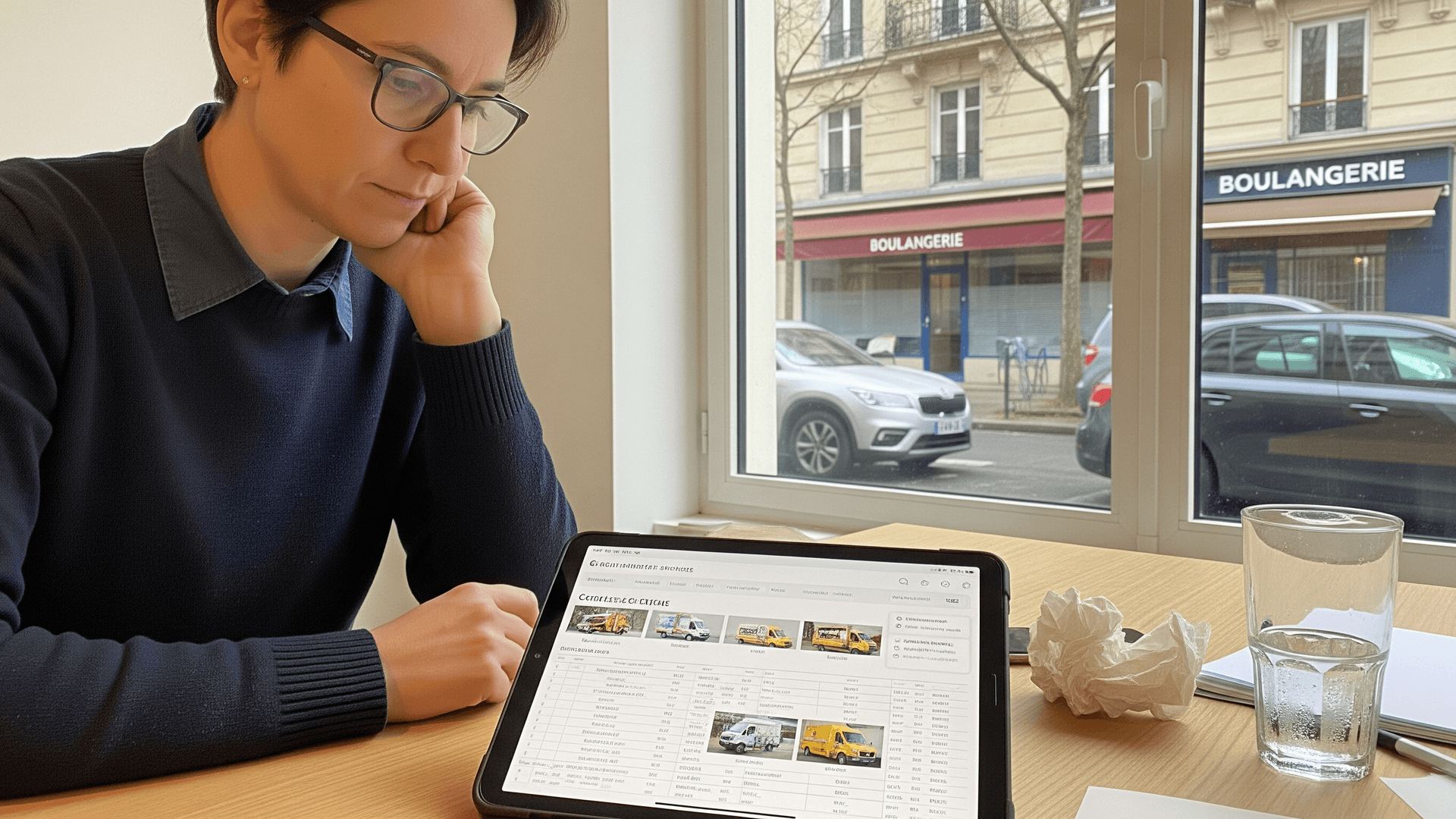 Femme consultant un tableau comparatif de modèles et budgets de food trucks sur tablette pour un projet de restauration mobile.