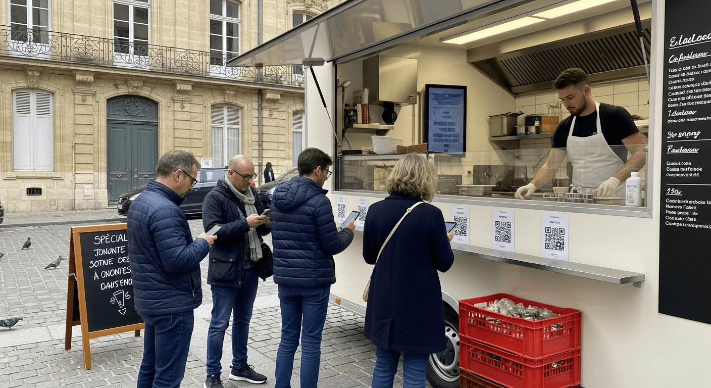 Food truck blanc avec vitrine ouverte, chef en cuisine et clients consultant des QR codes sur le comptoir
