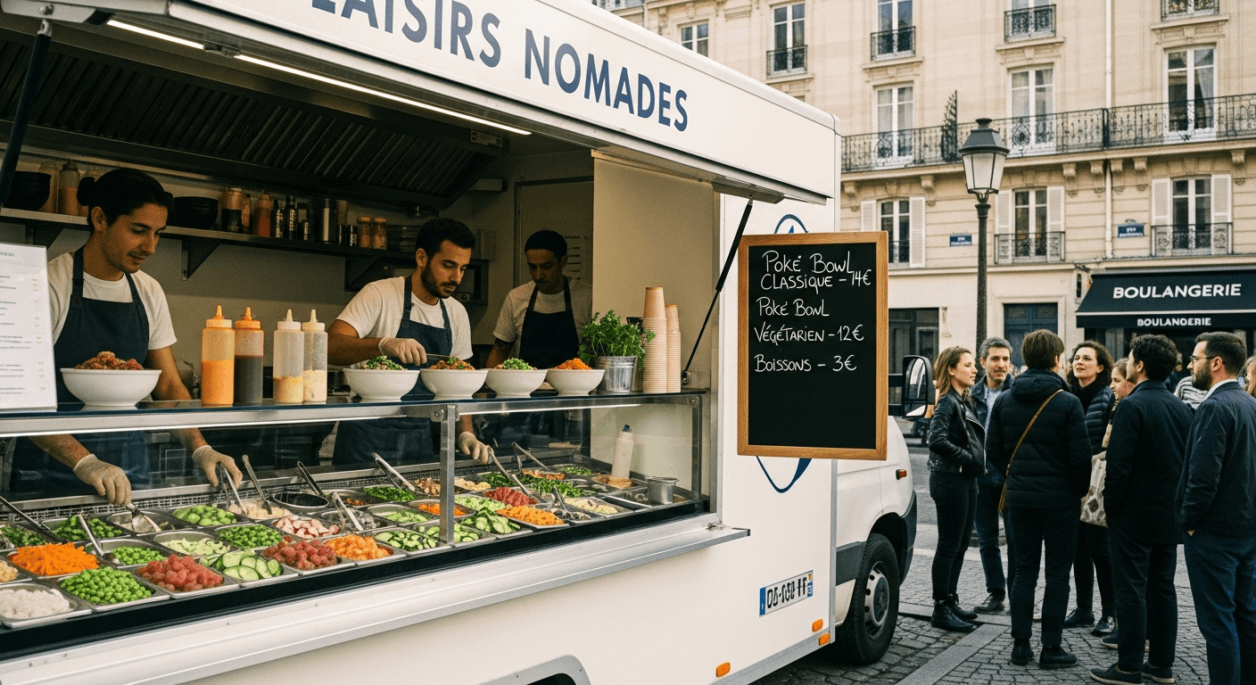 Food truck blanc spécialisé poke bowl avec vitrine réfrigérée, employés en service et clients faisant la queue