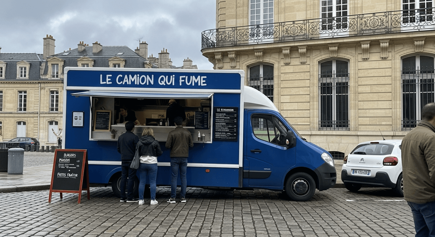Food truck bleu Le Camion qui Fume servant des burgers sur une place pavée avec clients en attente