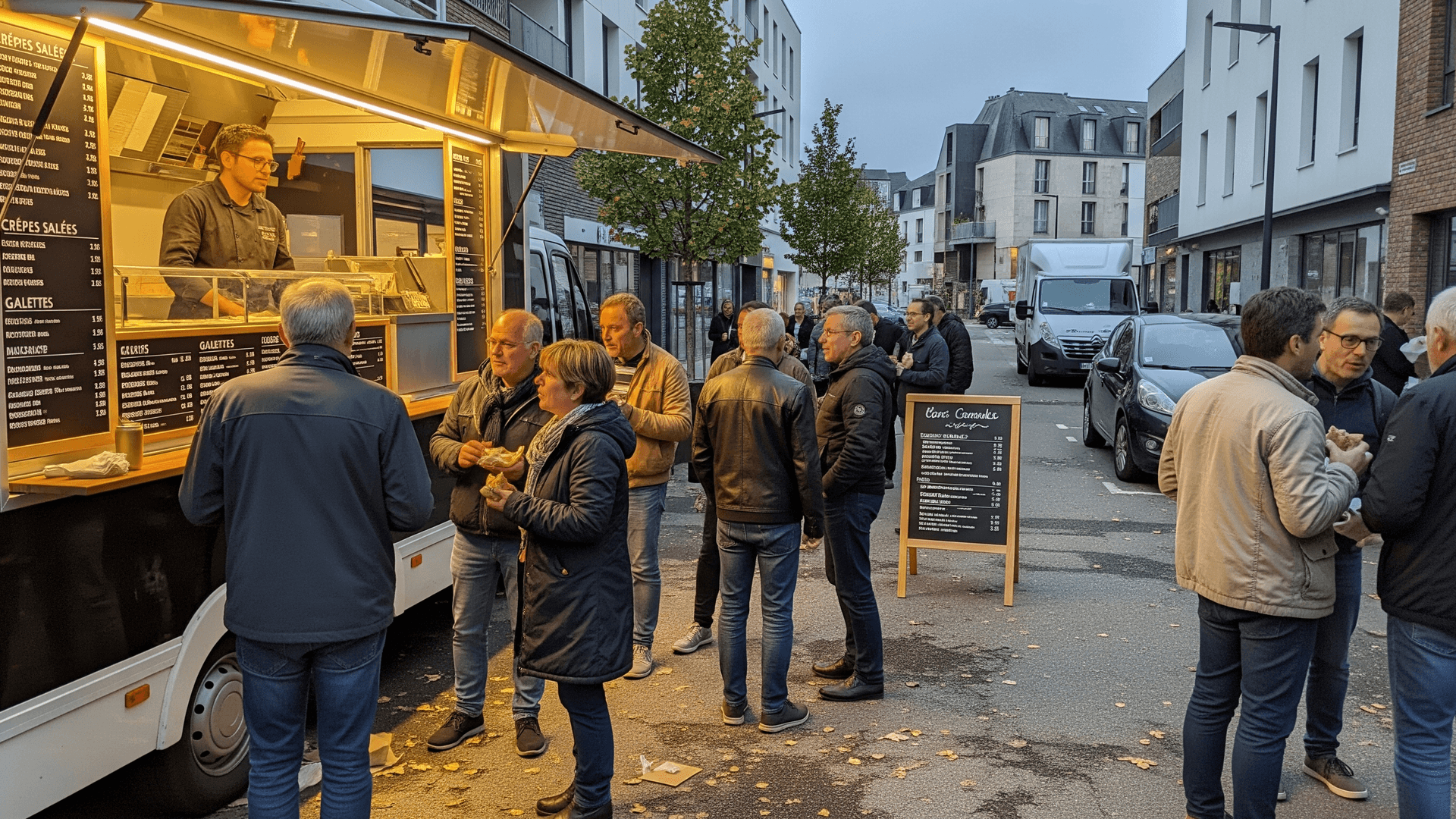 Food truck crêperie moderne, noir et blanc, avec éclairage LED, servant des clients en soirée dans un quartier urbain.
