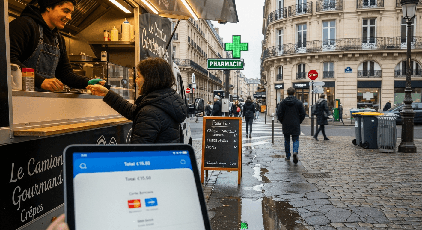 Food truck de crêpes avec système de paiement digital et client en transaction sur une place parisienne