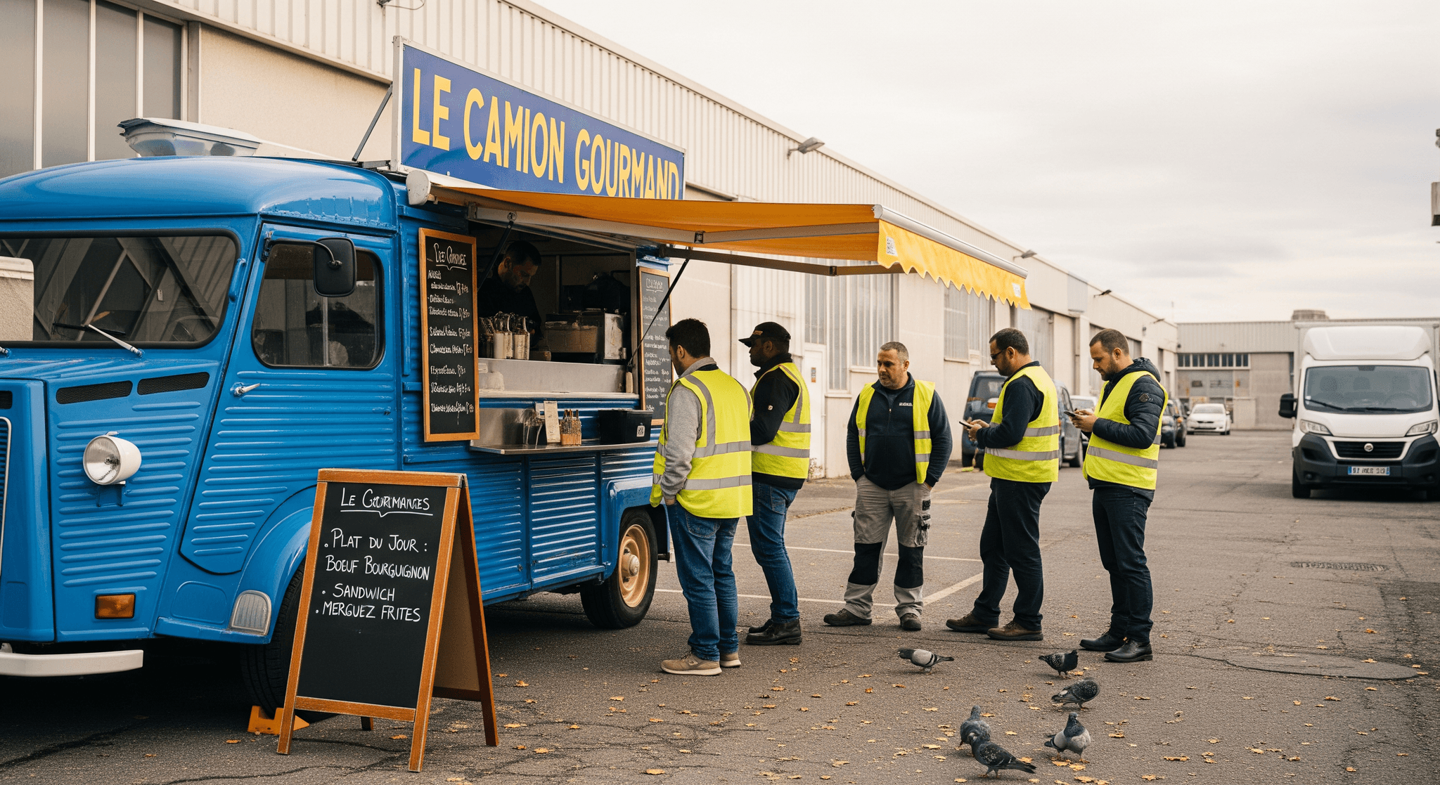 Food truck bleu type HY en zone industrielle, proposant de la restauration mobile aux ouvriers. Menu du jour visible.