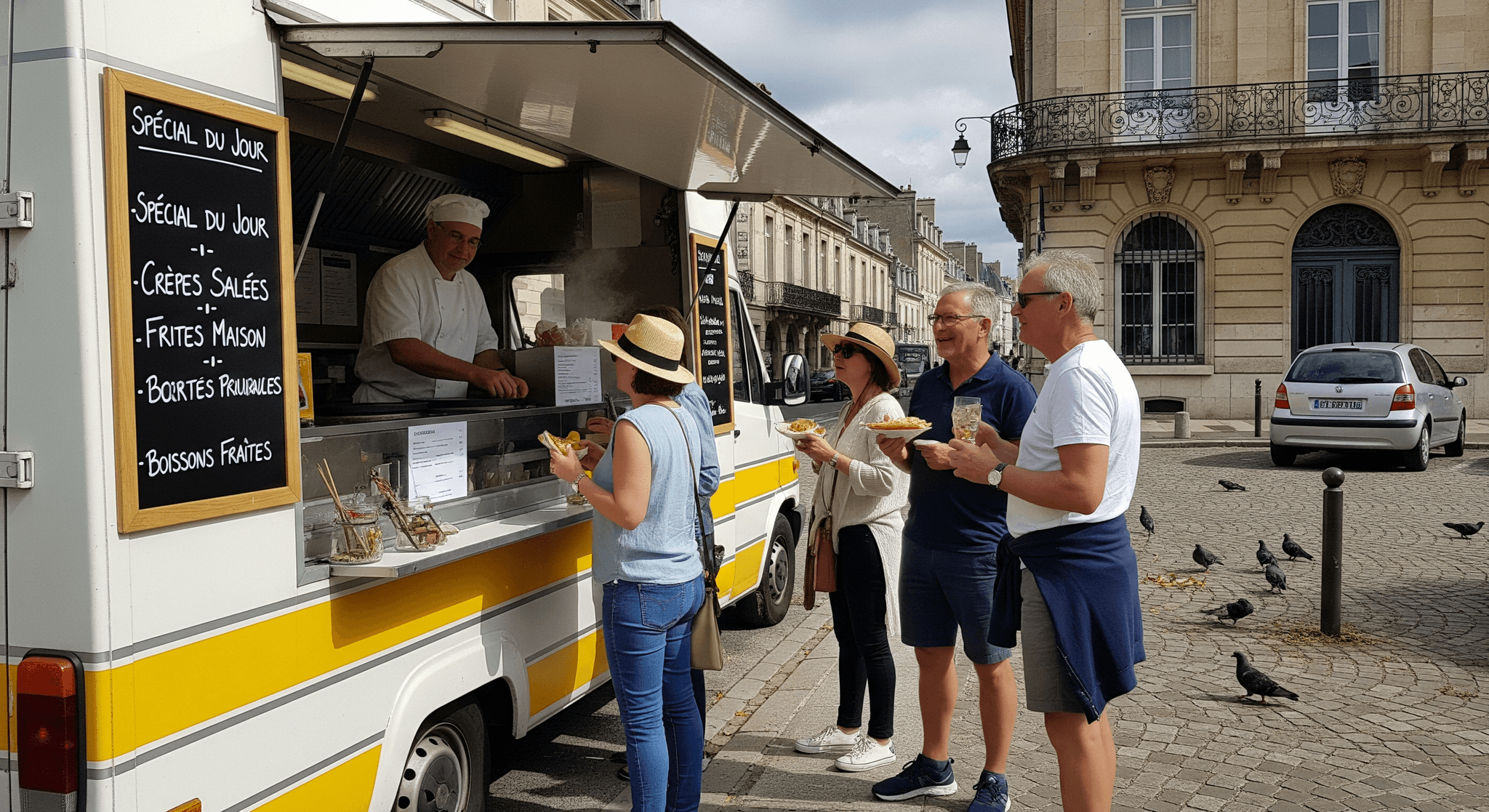 Food truck blanc et jaune, chef prépare des crêpes et frites maison pour clients en zone urbaine pavée.