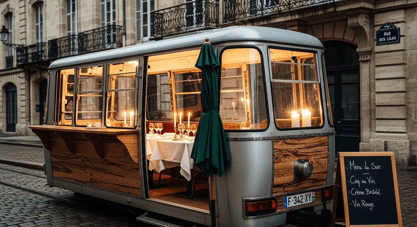Food truck gastronomique aménagé dans une ancienne télécabine avec vitrage panoramique et intérieur éclairé aux bougies