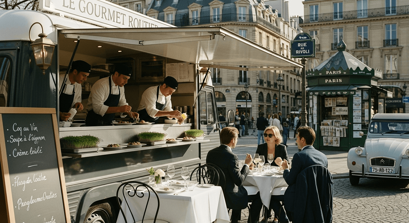 Food truck gourmet servant des clients à table sur une place parisienne avec chefs en cuisine ouverte