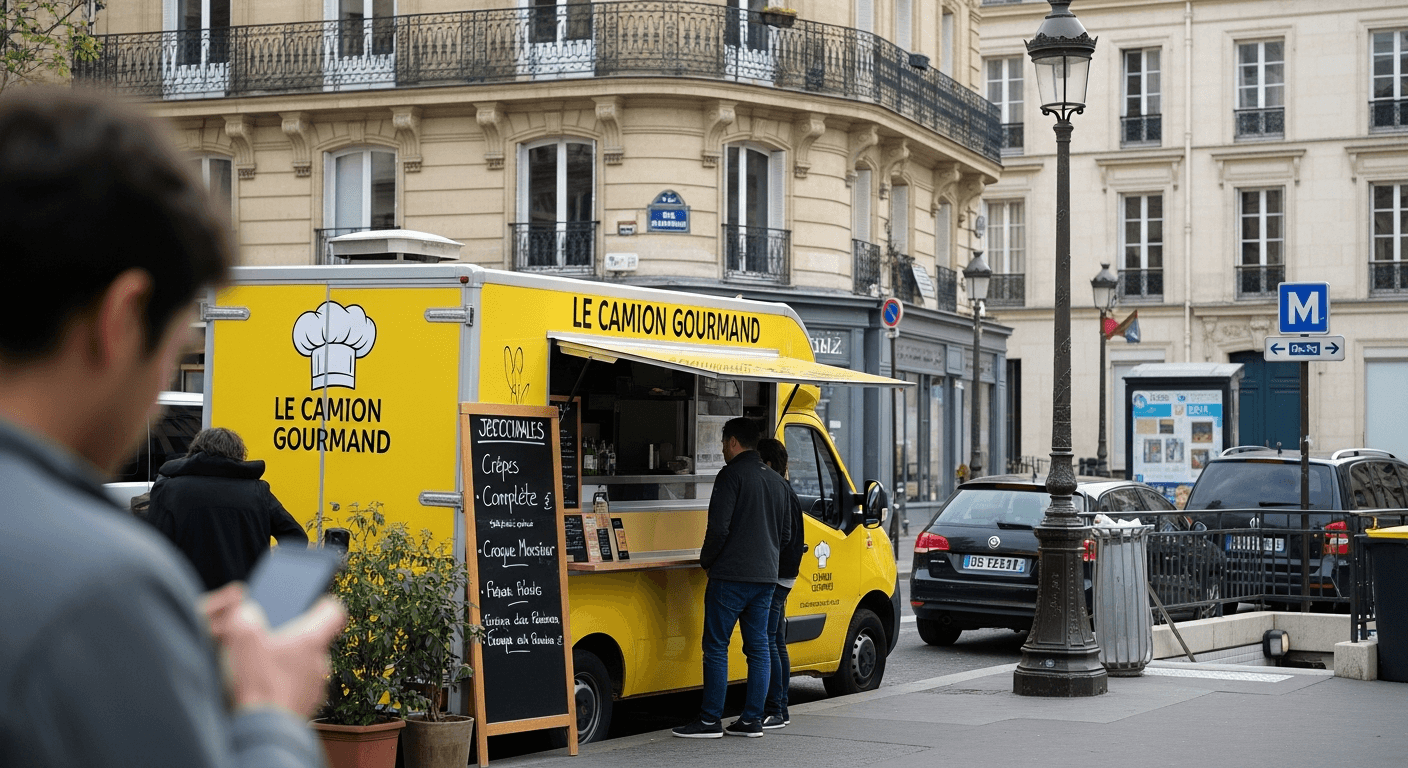 Food truck jaune Le Camion Gourmand avec service ouvert dans une rue parisienne, clients en approche