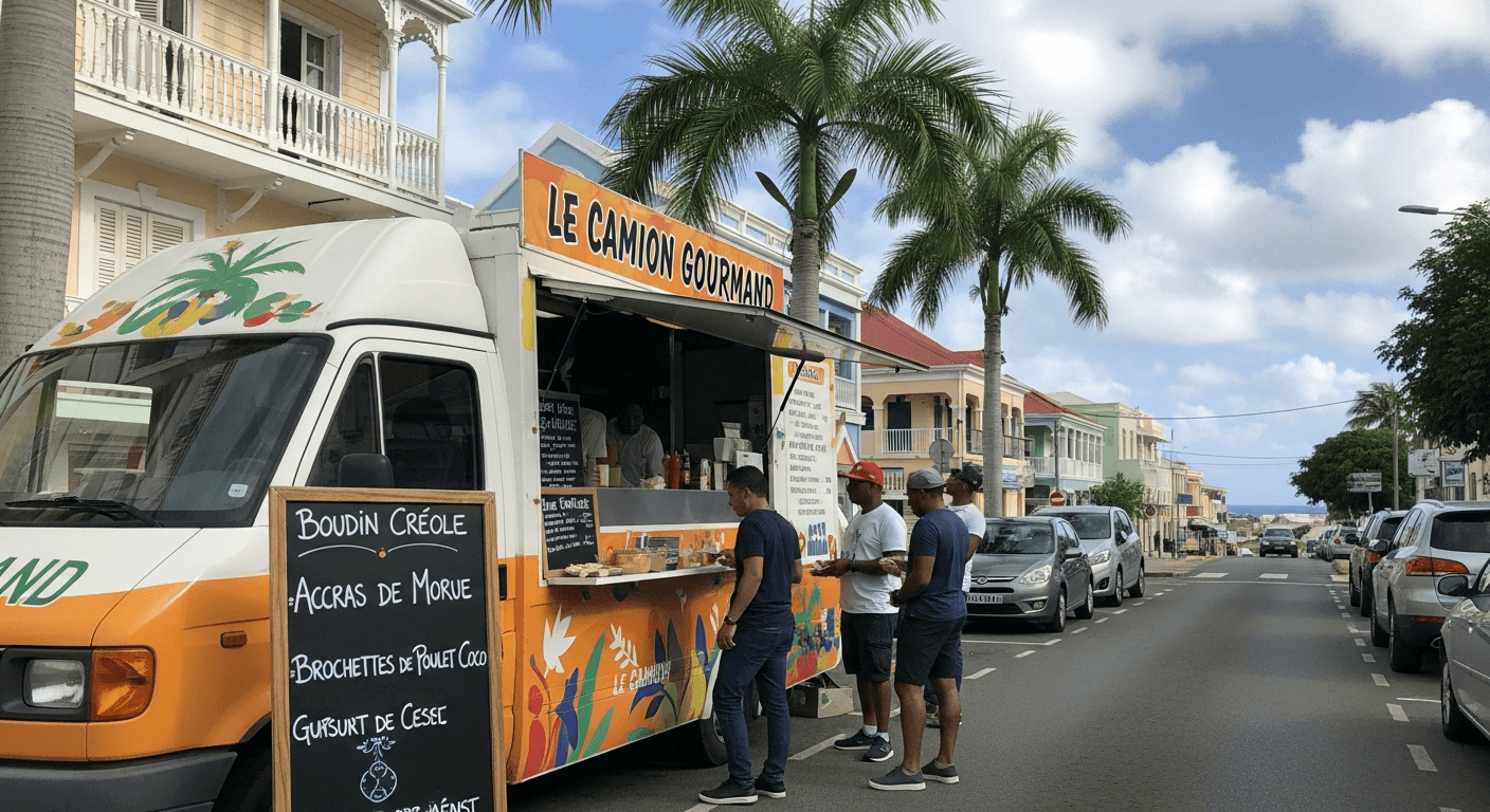 Food truck Le Camion Gourmand en service dans rue tropicale avec palmiers, clients faisant la queue