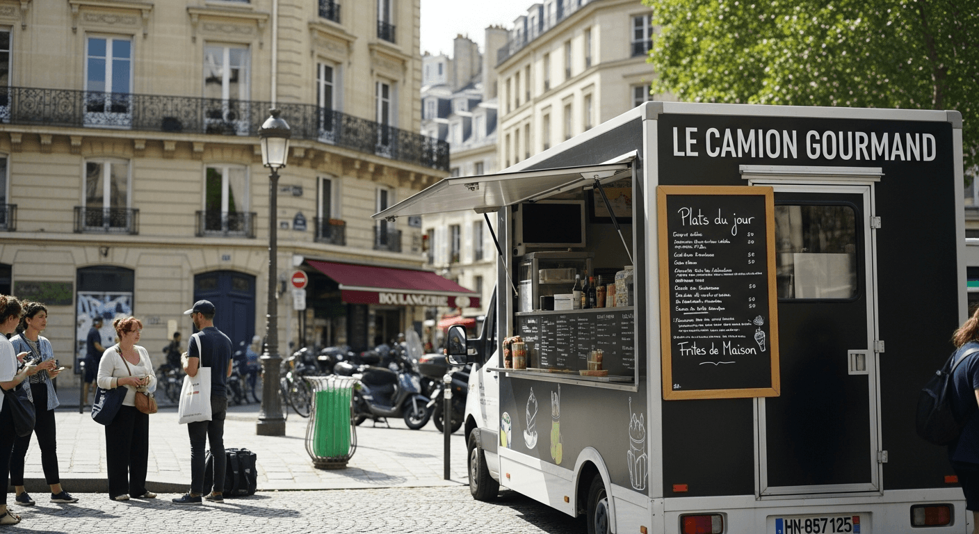 Food truck Le Camion Gourmand stationné sur place parisienne avec menu affiché et clients