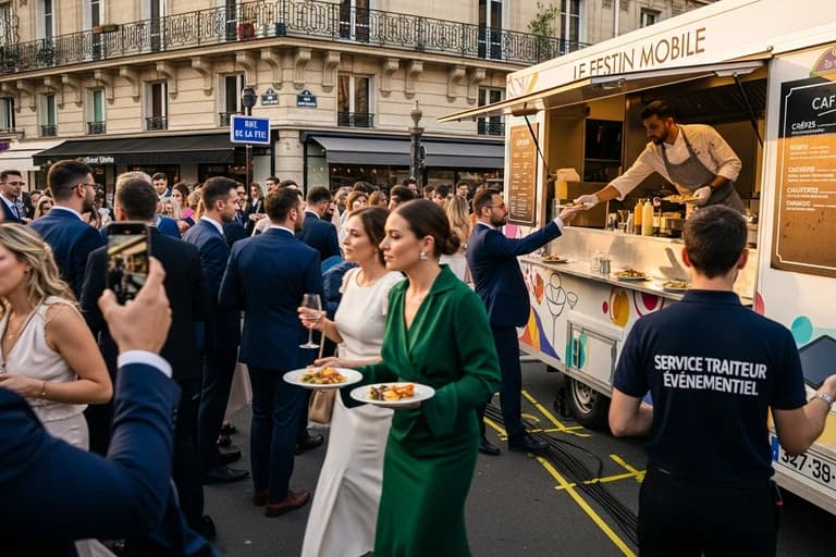 Food truck Le Festin Mobile servant des invités en tenue de soirée lors d'un événement corporate