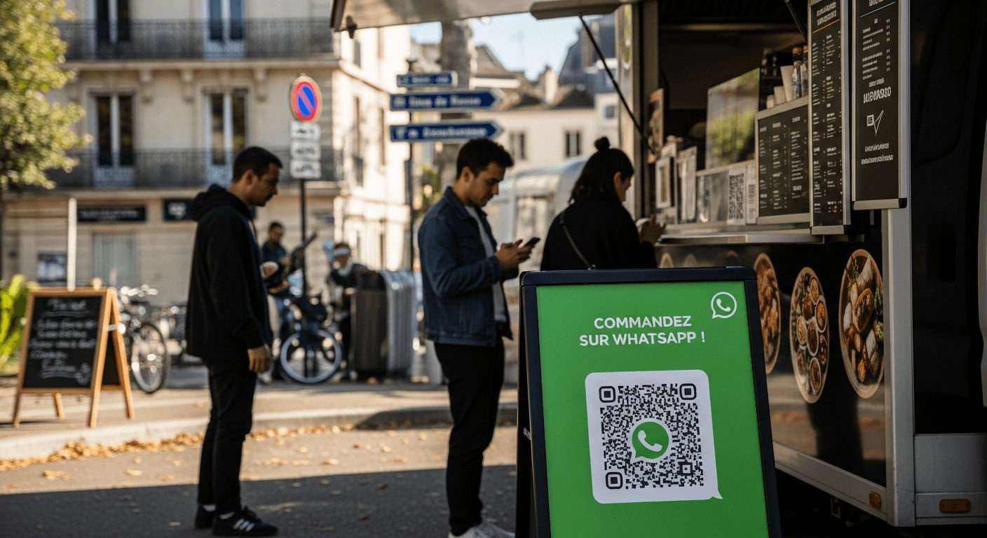 Food truck noir avec QR code WhatsApp Business pour commandes, clients consultant smartphones en ville