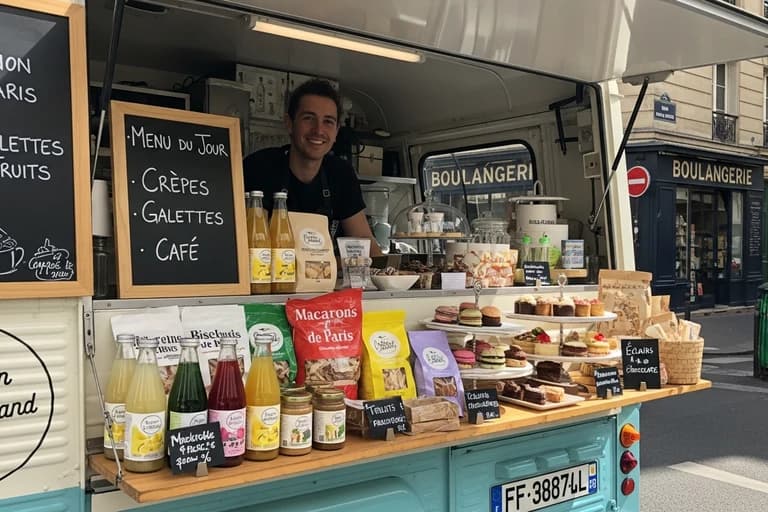 Food truck pâtisserie avec aménagement bois et éclairs au chocolat, exploité par un vendeur souriant dans rue parisienne