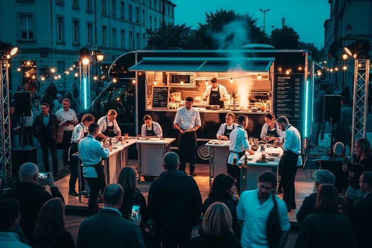 Food truck pédagogique avec cuisine ouverte lors d'un atelier culinaire en extérieur avec chefs et participants