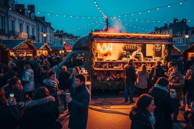Food truck professionnel en service sur marché de Noël avec guirlandes lumineuses et foule de clients