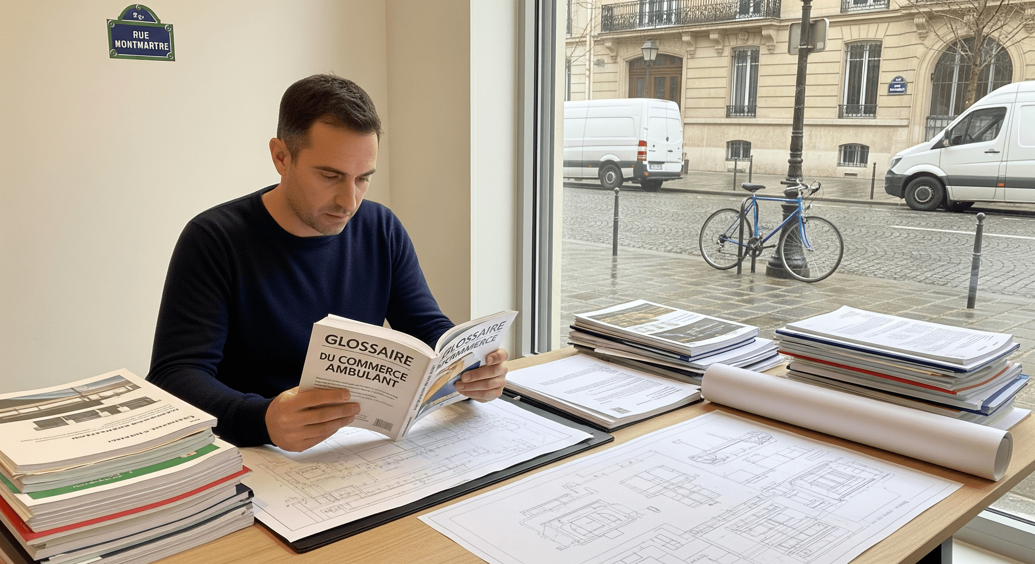 Homme lisant un glossaire du commerce ambulant, entouré de plans d'aménagement pour food trucks et concepts mobiles.