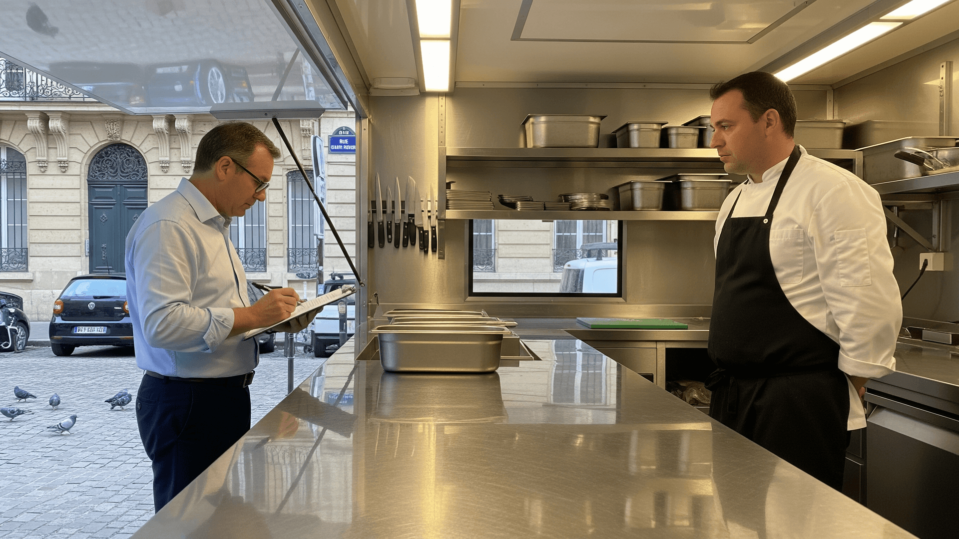 Inspection HACCP d'un food truck MCR : auditeur évalue l'aménagement cuisine inox et l'équipement professionnel.