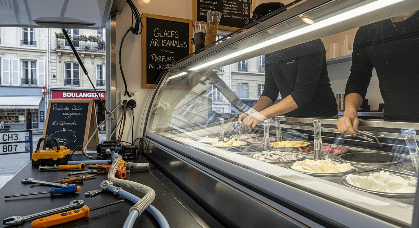 Installation d'une vitrine réfrigérée à glaces artisanales dans un food truck avec outils de montage
