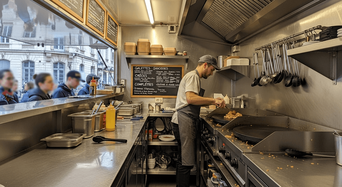 Intérieur food truck avec cuisine professionnelle inox, chef en action et clients au comptoir