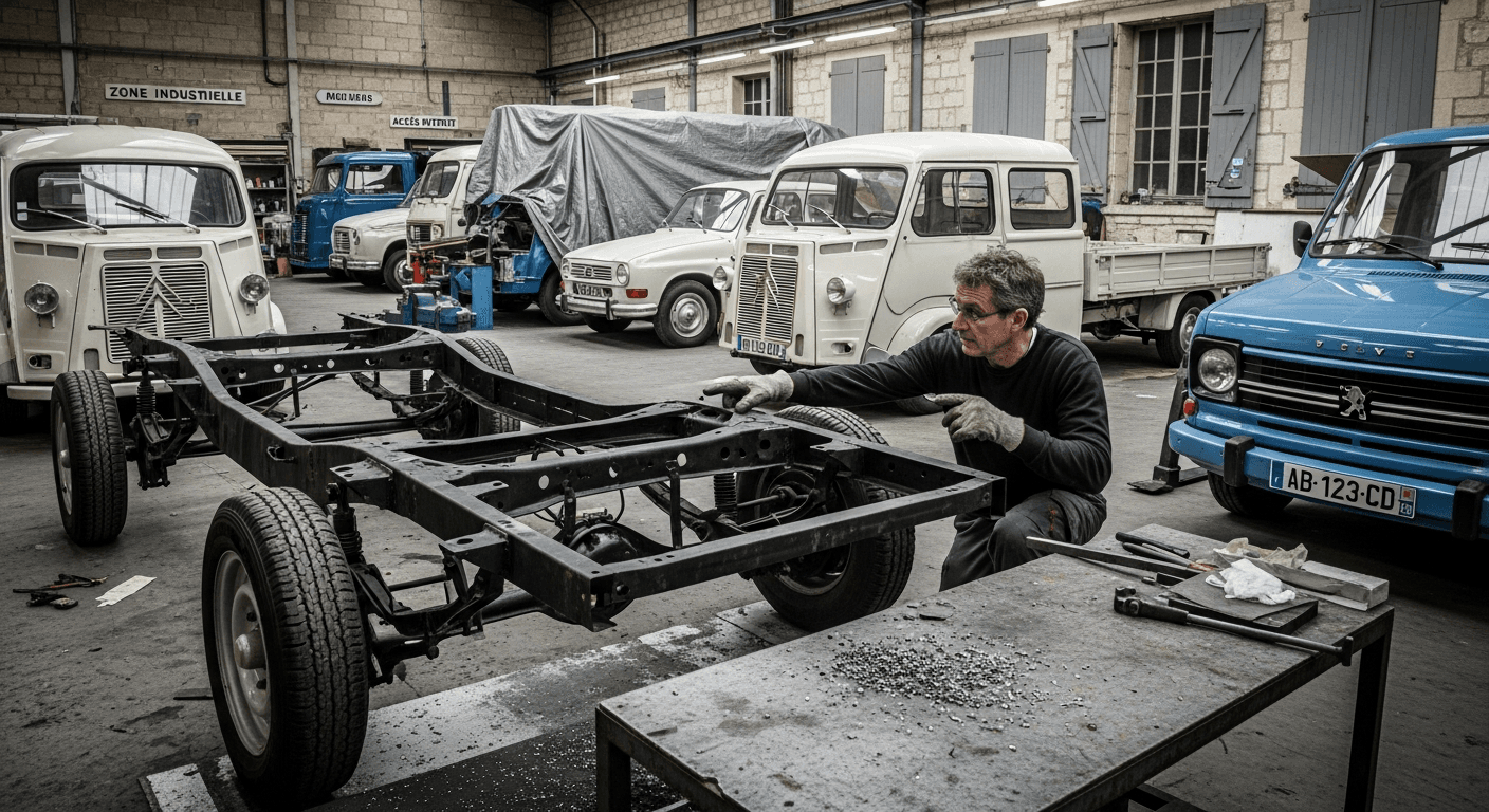 Mécanicien restaure châssis de camion vintage Citroën H dans atelier spécialisé food truck